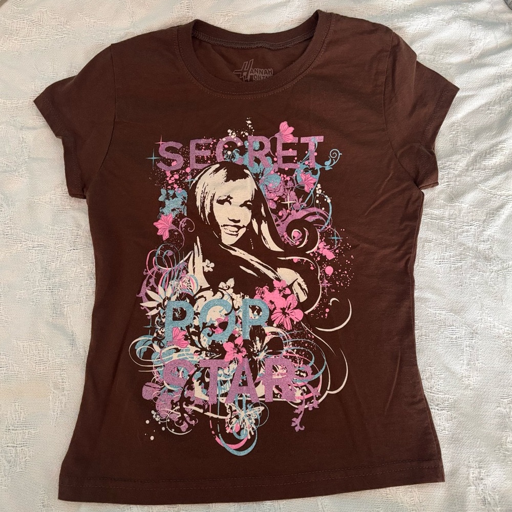 Hannah Montana Brown Short Sleeve Secret Pop Star Graphic T-Shirt Size M 7/8